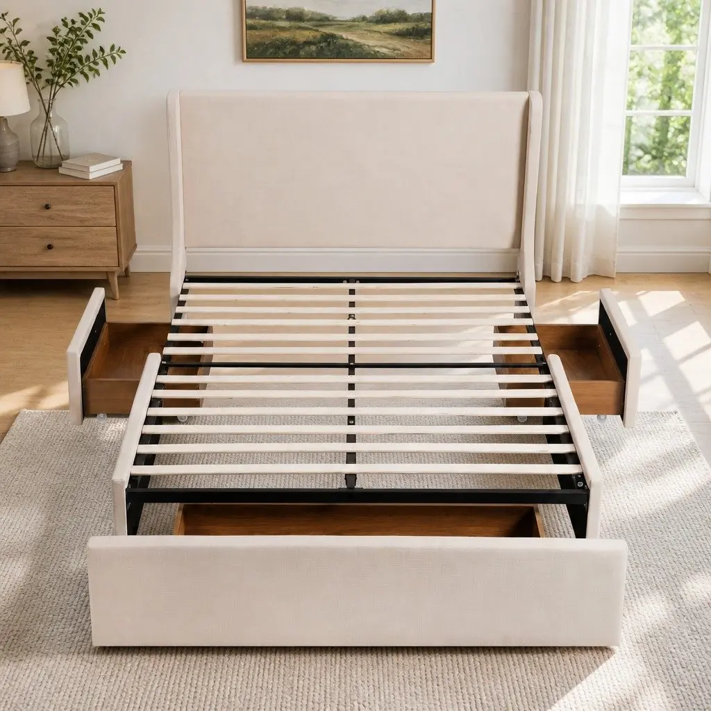 Queen Upholstered Bed Frame Faux Linen Beige 3 Storage Drawers Metal Wingback Headboard