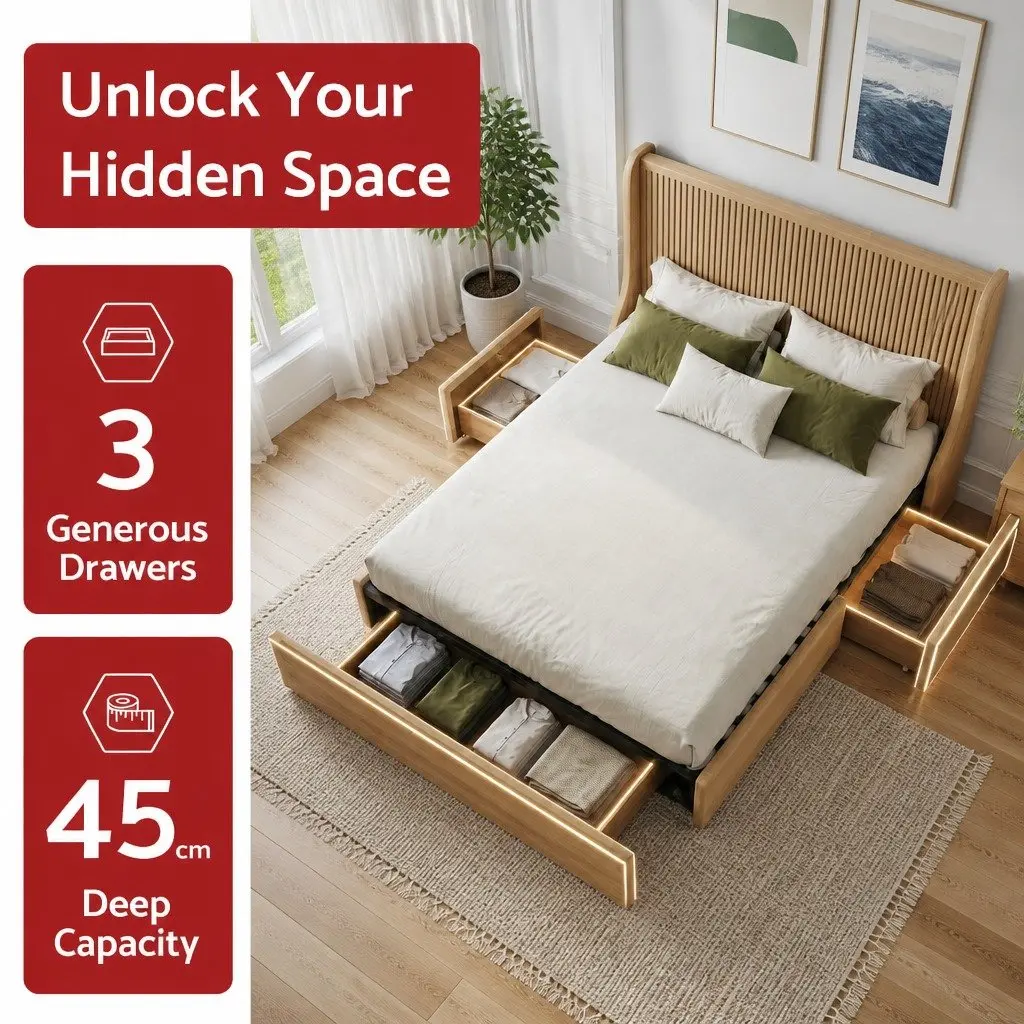 Queen Upholstered Bed Frame Faux Linen Beige 3 Storage Drawers Metal Wingback Headboard