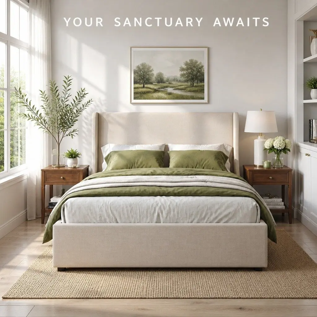 Queen Upholstered Bed Frame Faux Linen Beige 3 Storage Drawers Metal Wingback Headboard