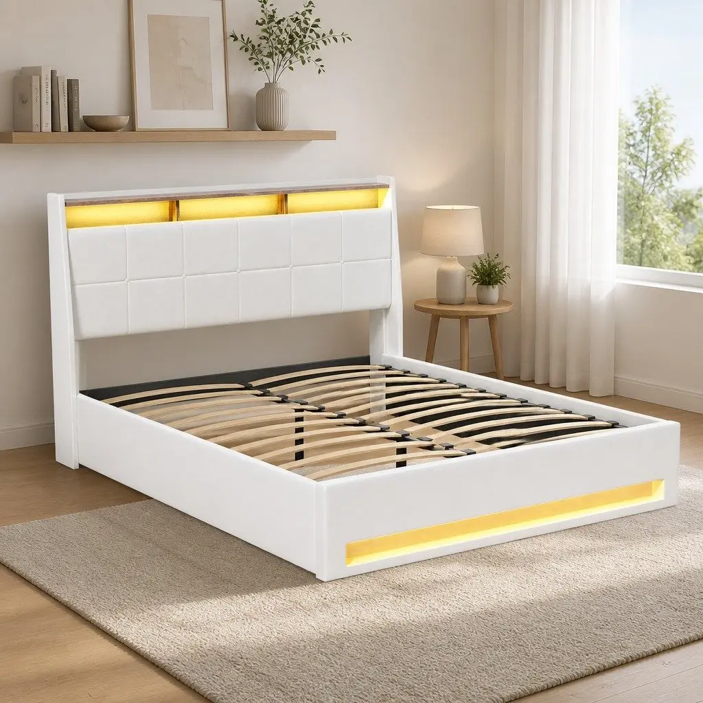 Double Bed Frame with LED Lights and Storage