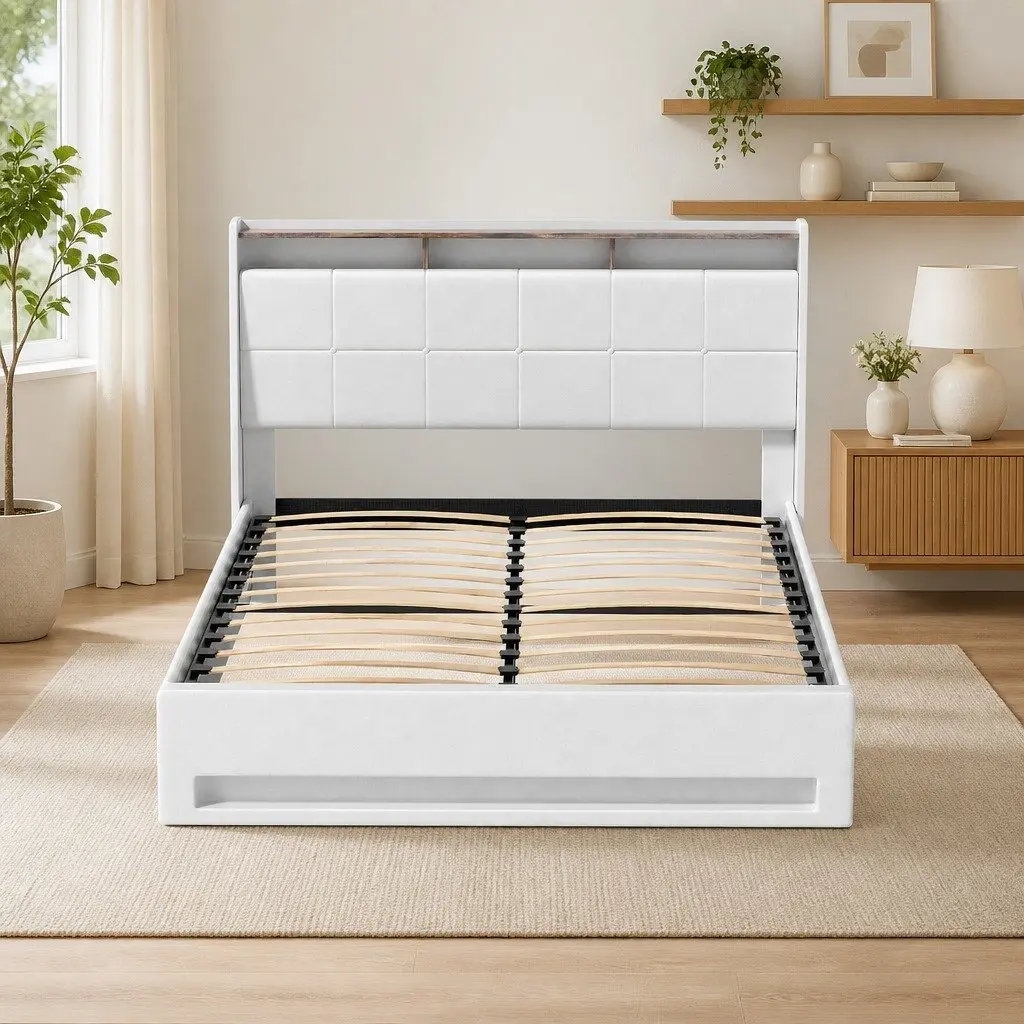Double Bed Frame with LED Lights and Storage