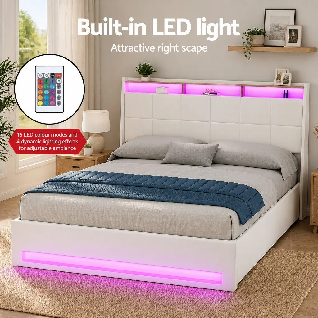 Double Bed Frame with LED Lights and Storage