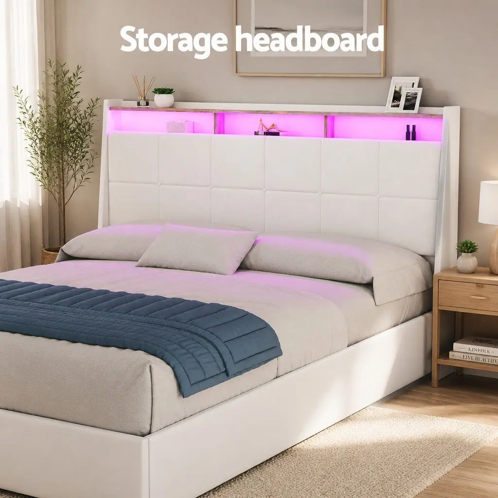 Double Bed Frame with LED Lights and Storage