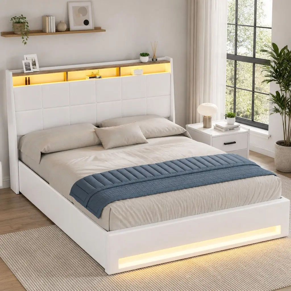 Double Bed Frame with LED Lights and Storage