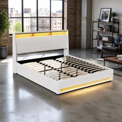 White King Size Gas Lift Bed Frame with LED Lights