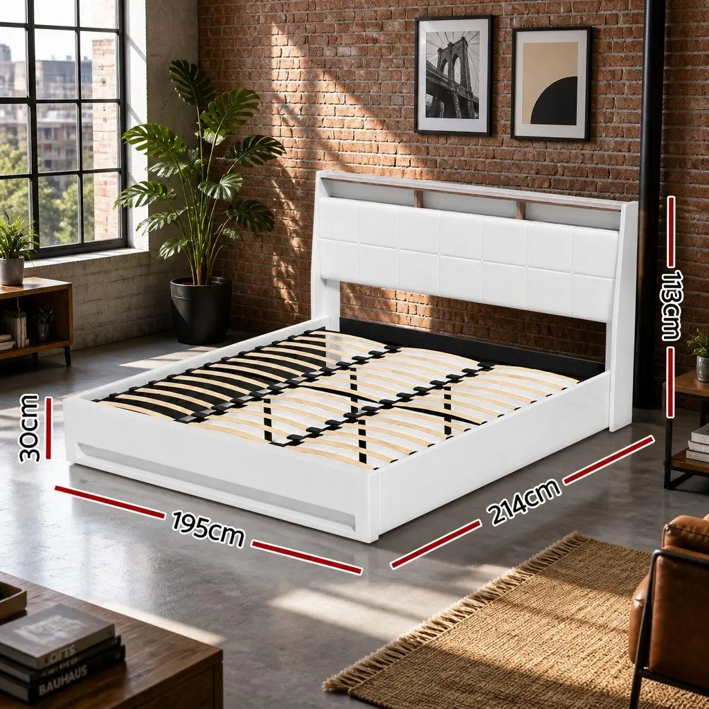 King Size Bed Frame Gas Lift Storage Upholstered Headboard White