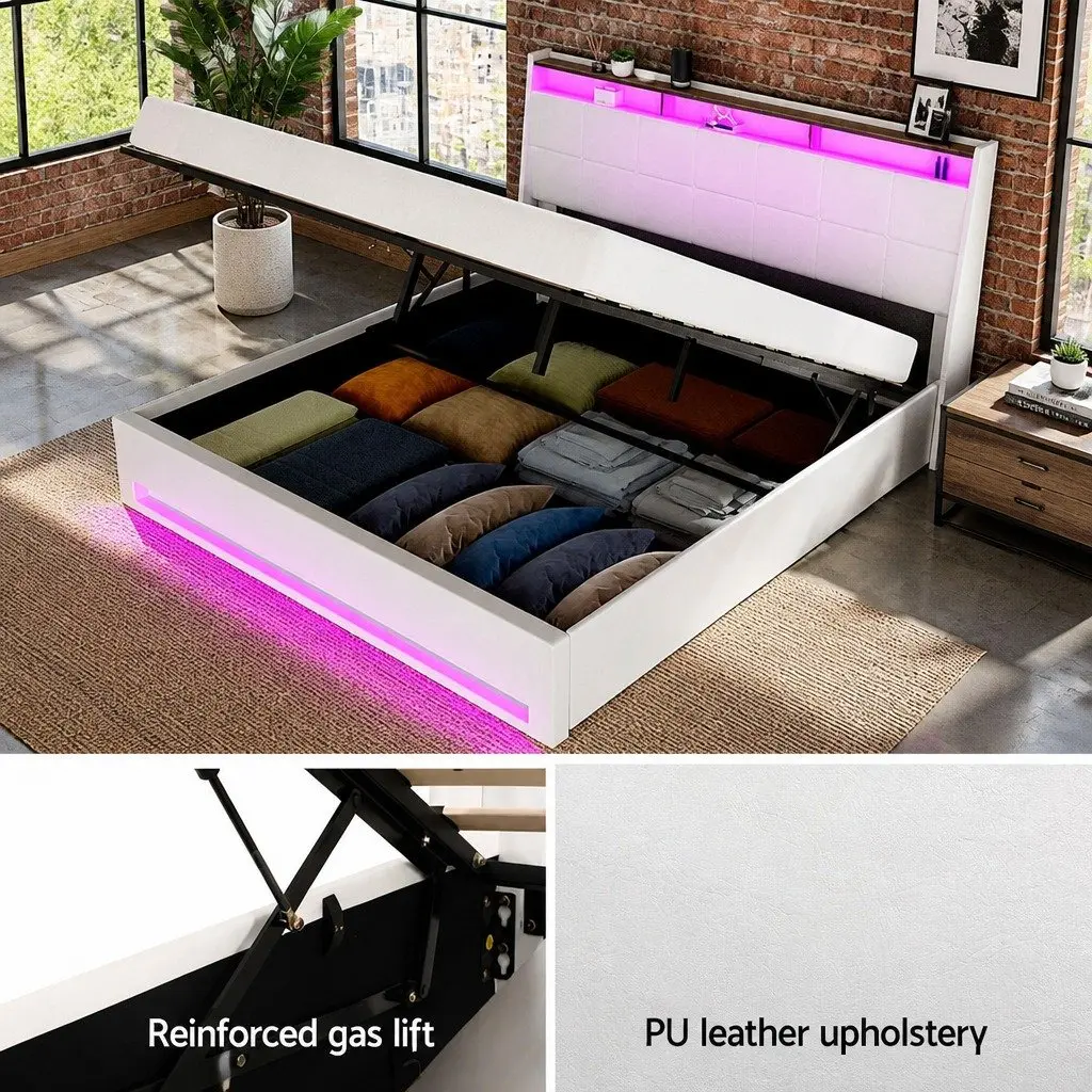 King Size Bed Frame Gas Lift Storage Upholstered Headboard White