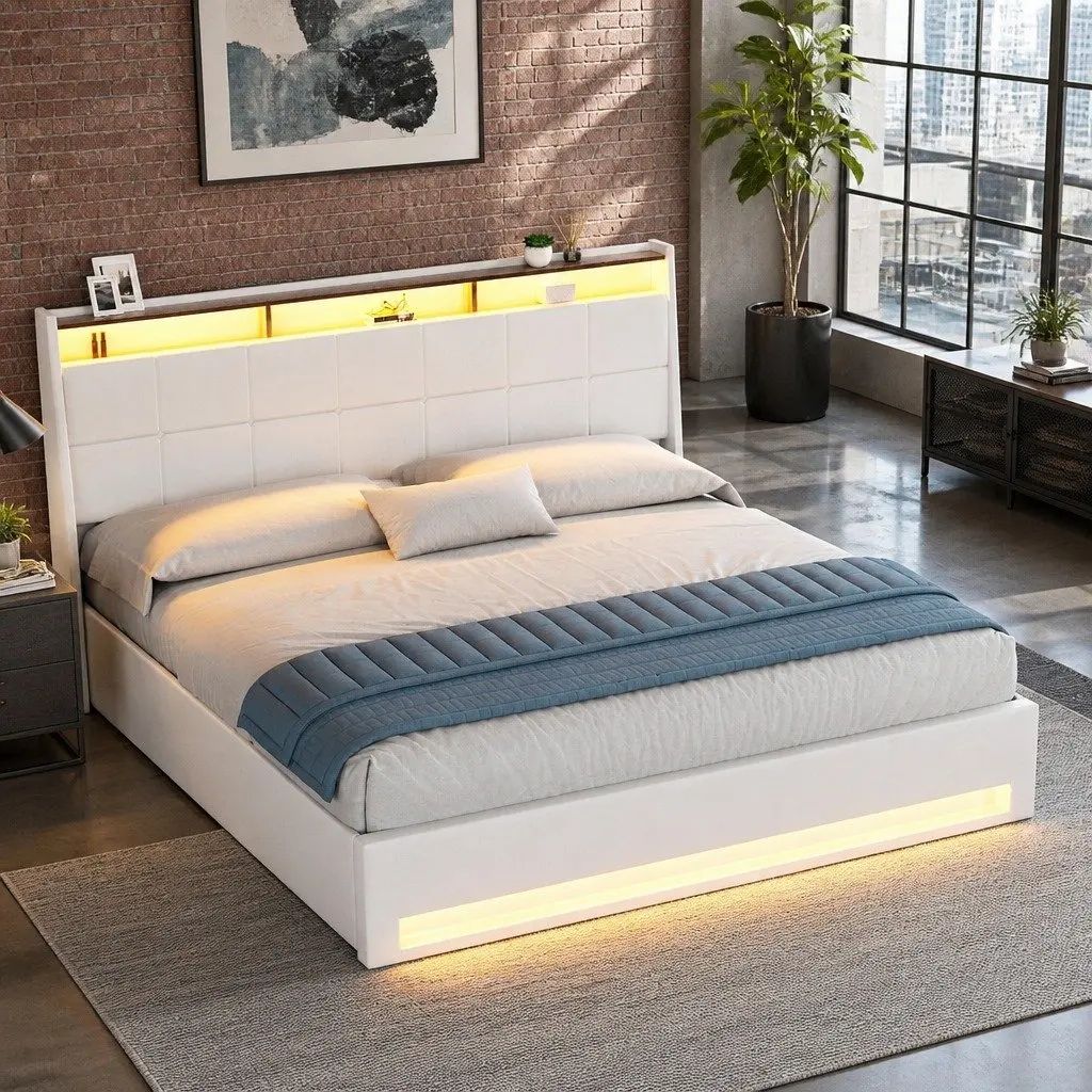 King Size Bed Frame Gas Lift Storage Upholstered Headboard White