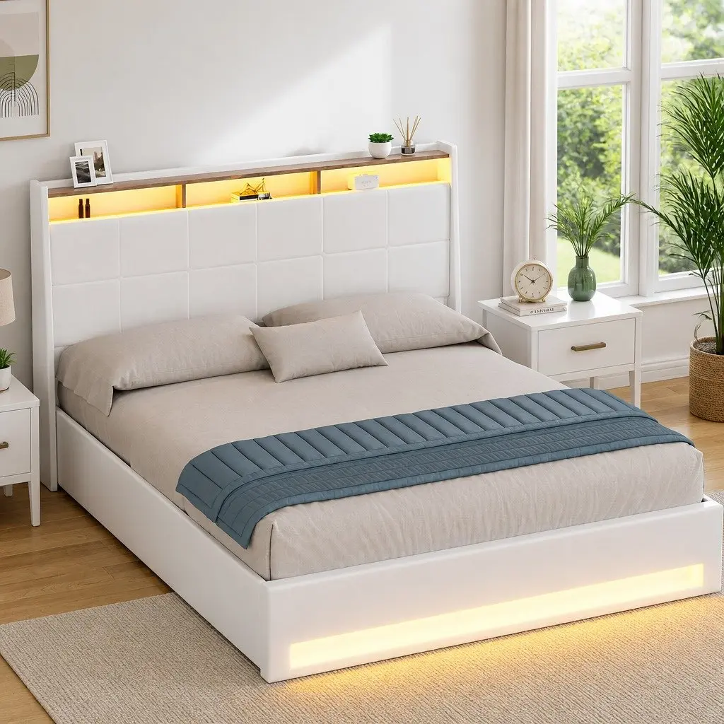 Queen Size Bed Frame Gas Lift Storage Platform PVC Leather White