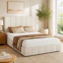 Beige Upholstered Double Bed Frame with Gas Lift Storage