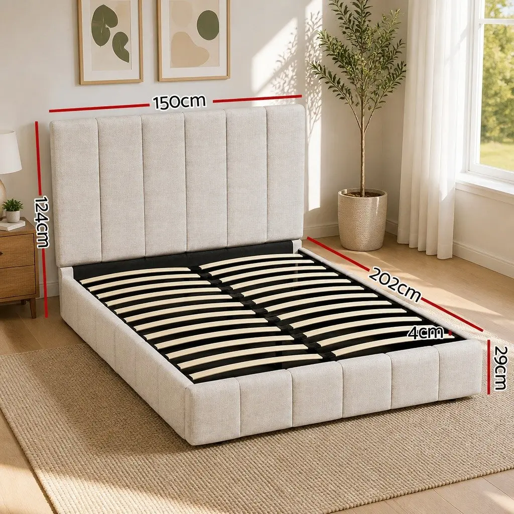 Beige Upholstered Double Bed Frame with Gas Lift Storage