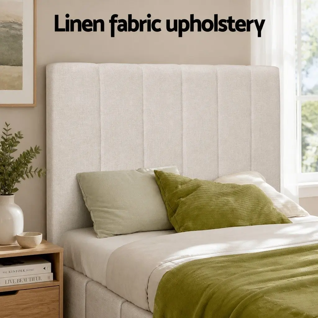 Beige Upholstered Double Bed Frame with Gas Lift Storage