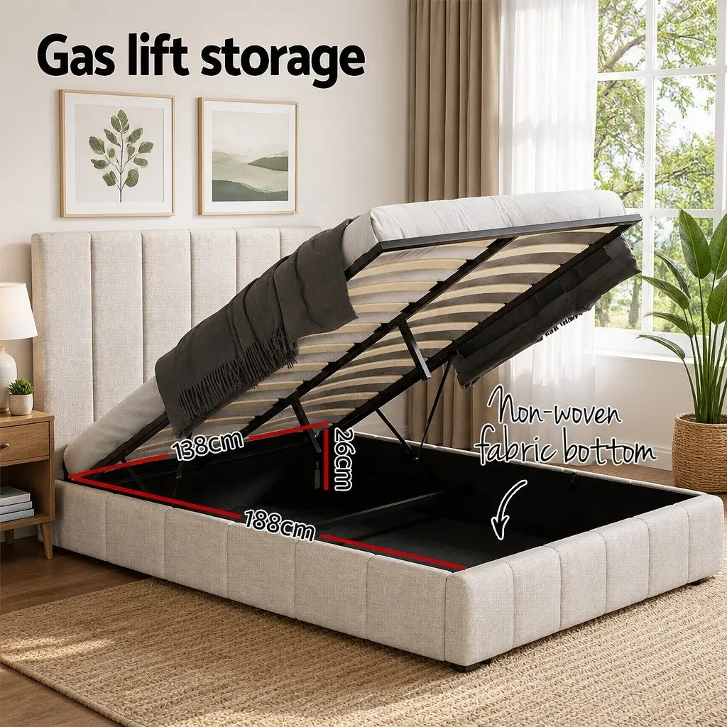 Beige Upholstered Double Bed Frame with Gas Lift Storage