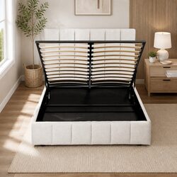 Beige Upholstered Queen Bed Frame with Gas Lift Storage