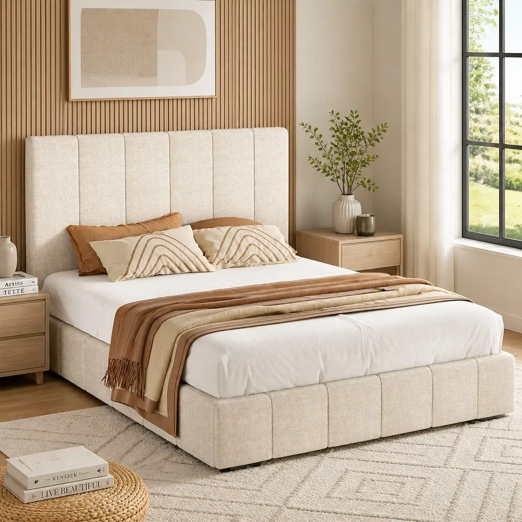 Queen Bed Frame Linen Fabric Beige Upholstered Gas Lift Storage Wooden Slat
