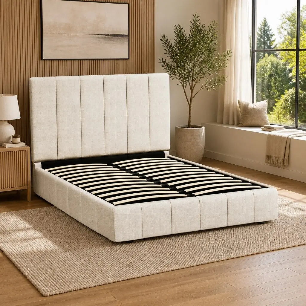 Queen Bed Frame Linen Fabric Beige Upholstered Gas Lift Storage Wooden Slat