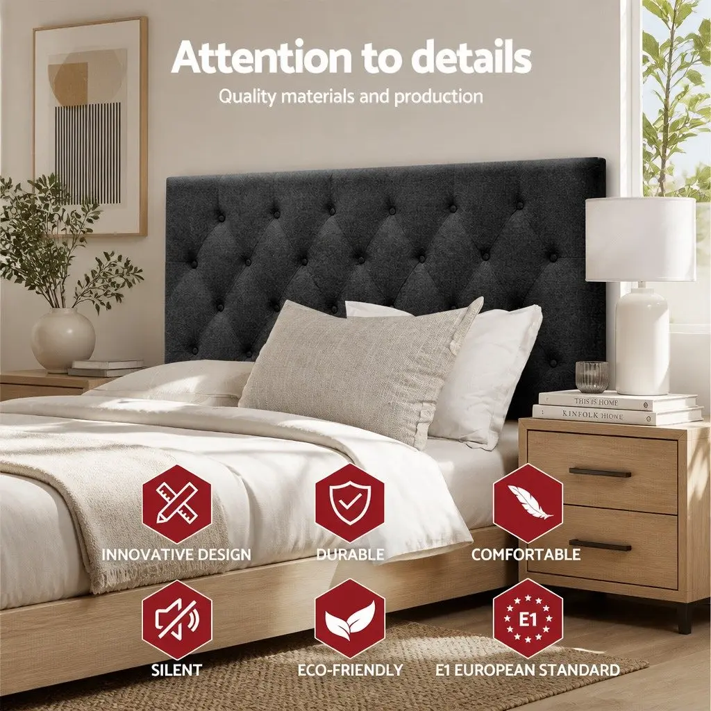 Double Bed Headboard Upholstered Charcoal Button Tufted Design Bedroom Furniture