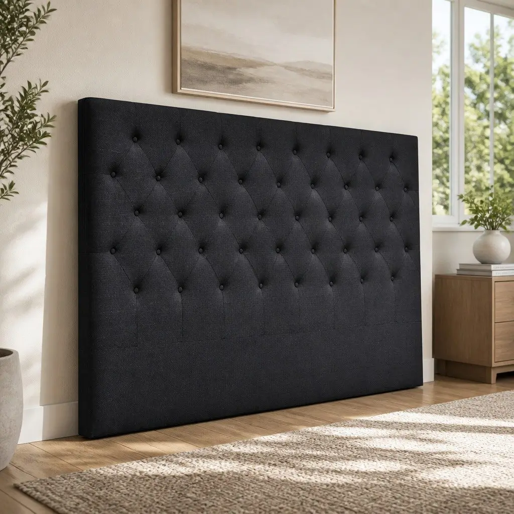 Charcoal King Size Upholstered Fabric Headboard with Tufting