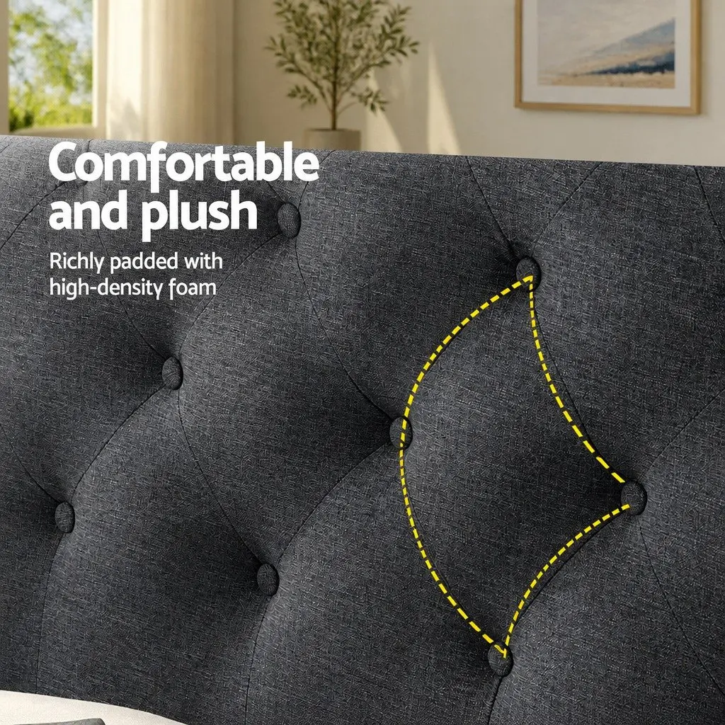 Queen Size Bed Headboard Upholstered Padded Button Tufted Design Charcoal Fabric