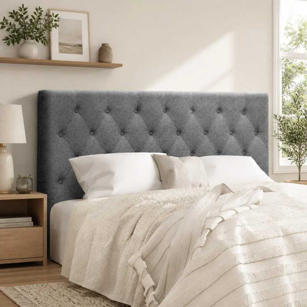 Queen Size Grey Upholstered Bed Headboard with Tufting