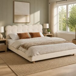 Double Bed Frame Cloud Headboard Boucle Upholstery Platform Base White