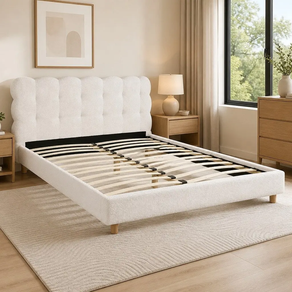 White Boucle Upholstered Double Bed Frame with Cloud Headboard