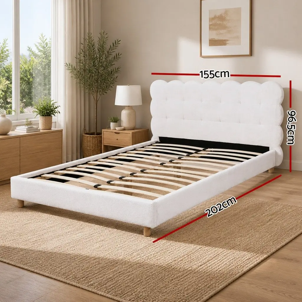 White Boucle Upholstered Double Bed Frame with Cloud Headboard