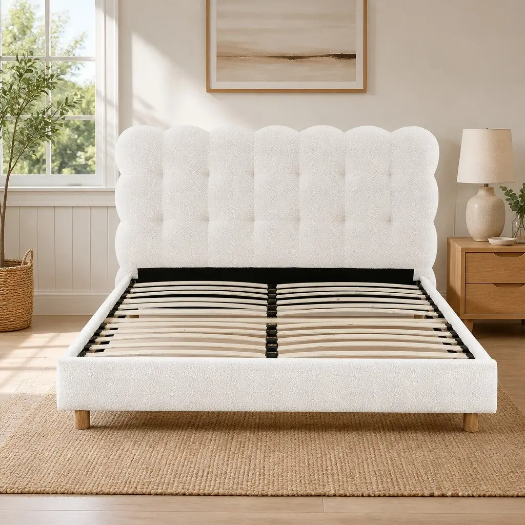 White Boucle Upholstered Double Bed Frame with Cloud Headboard
