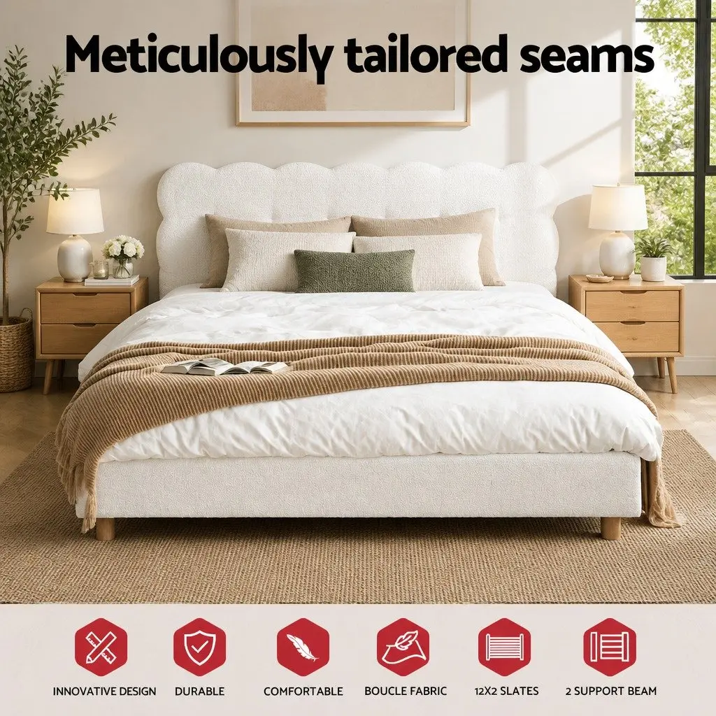 White Boucle Upholstered Double Bed Frame with Cloud Headboard