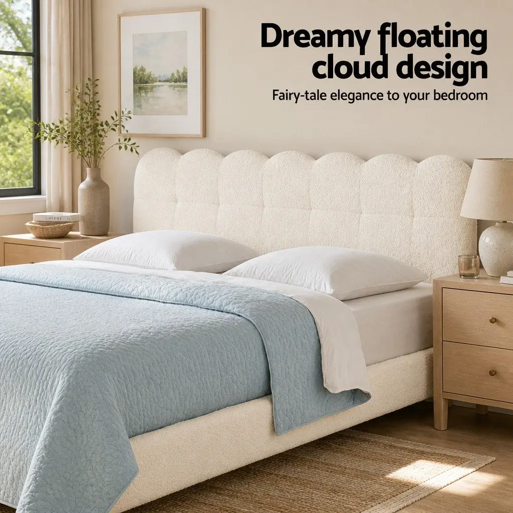 White Boucle Upholstered Double Bed Frame with Cloud Headboard