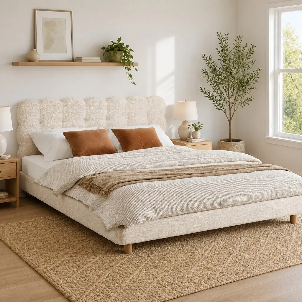Boucle Fabric Queen Bed Frame with Cloud Headboard