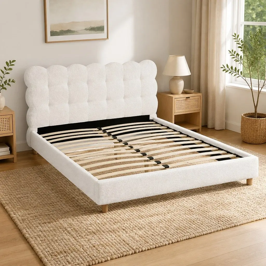 Boucle Fabric Queen Bed Frame with Cloud Headboard