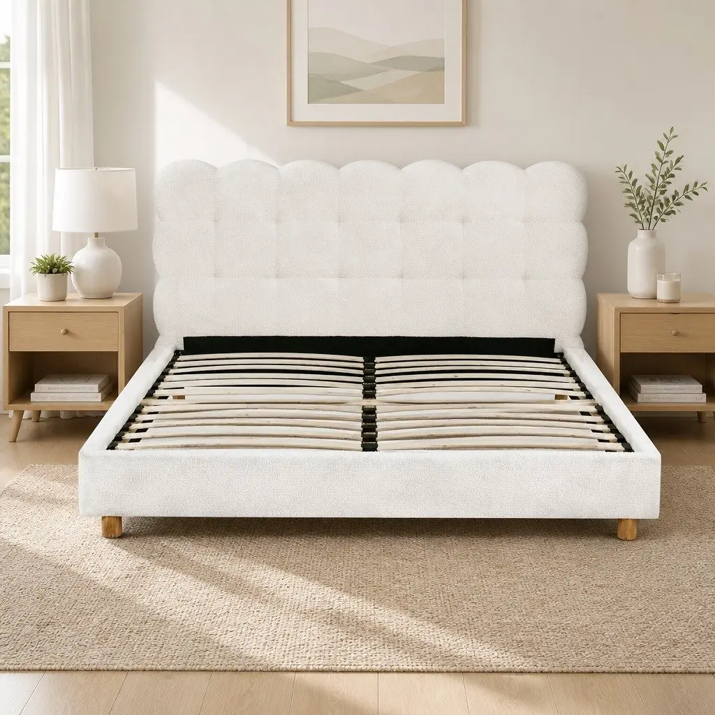 Boucle Fabric Queen Bed Frame with Cloud Headboard