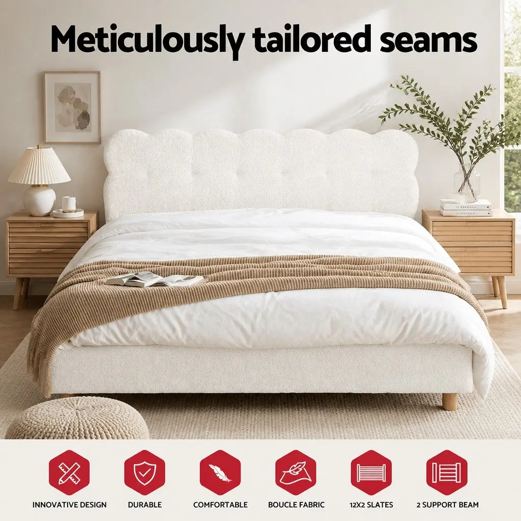 Boucle Fabric Queen Bed Frame with Cloud Headboard