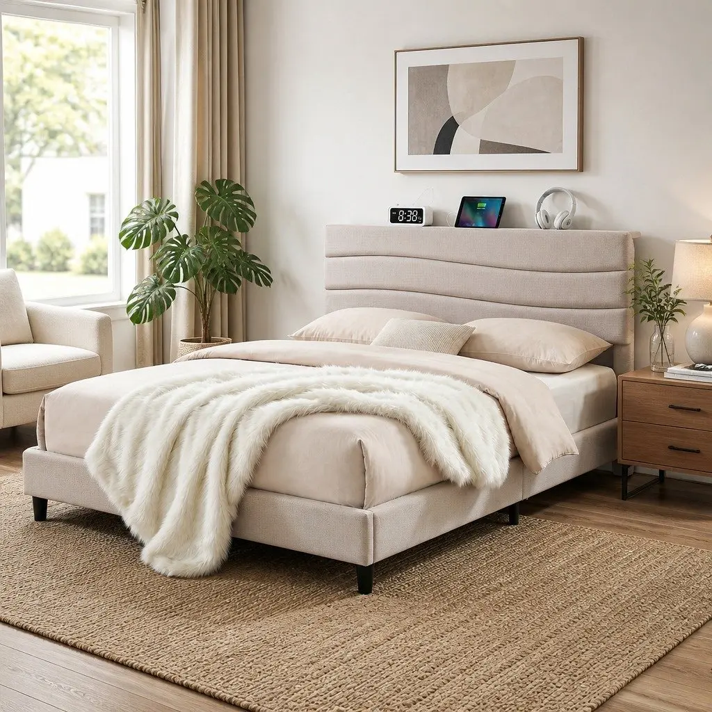 Queen Bed Frame with Storage Headboard in Beige