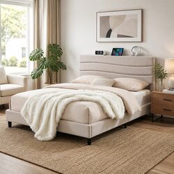 Sturdy Queen Bed Frame with Storage Headboard in Beige