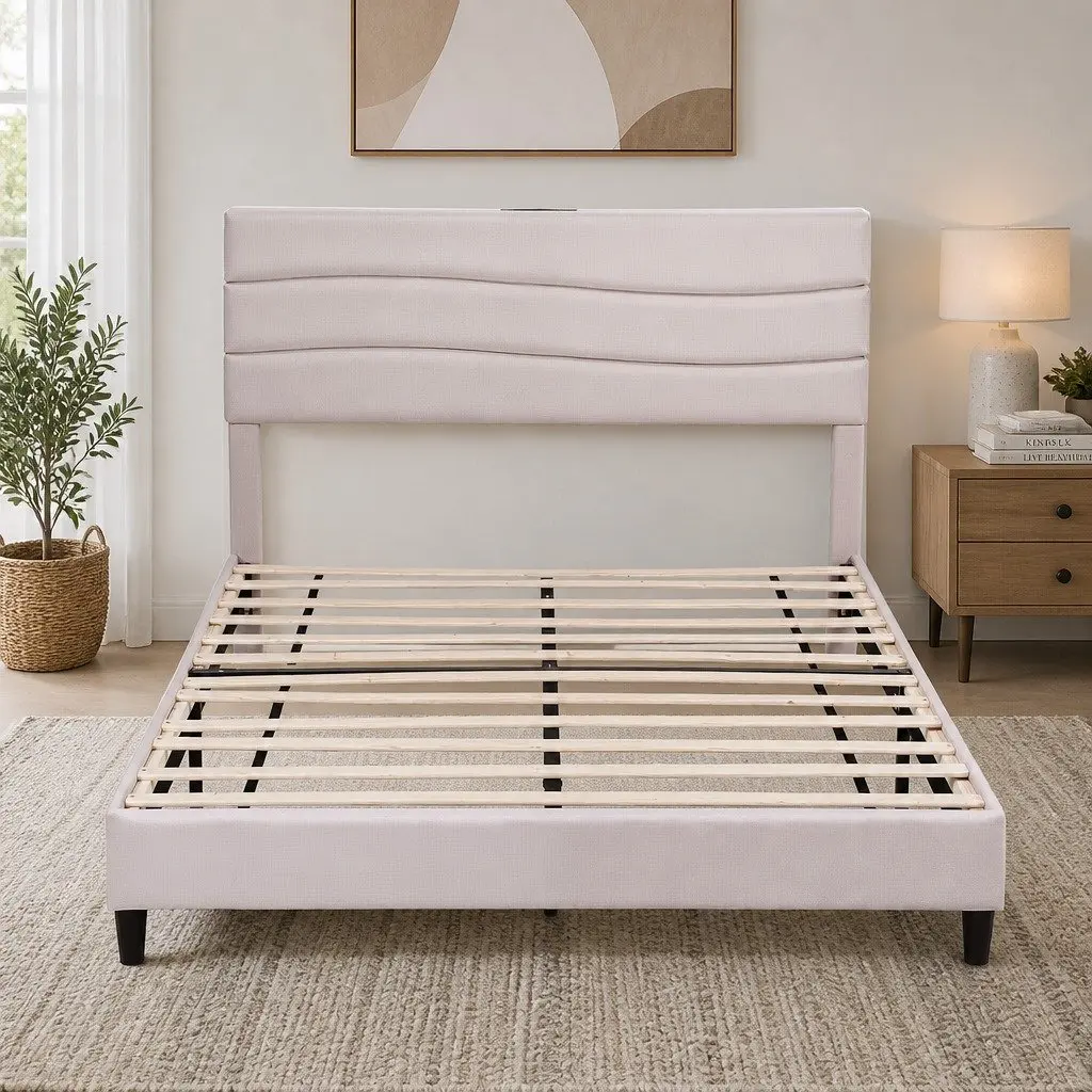 Queen Bed Frame with Storage Headboard in Beige