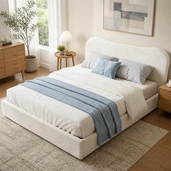 Sturdy Queen Bed Frame with Gaslift Storage in Boucle