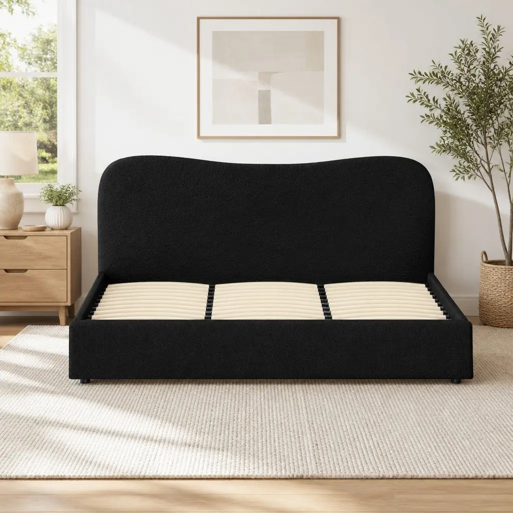 Boucle Upholstered King Size Bed Frame with Padded Headboard