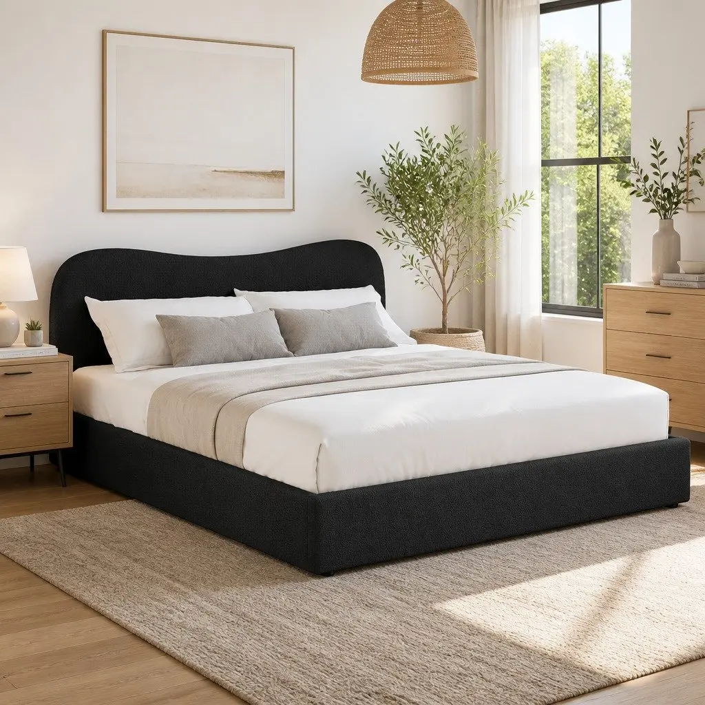 Boucle Upholstered King Size Bed Frame with Padded Headboard