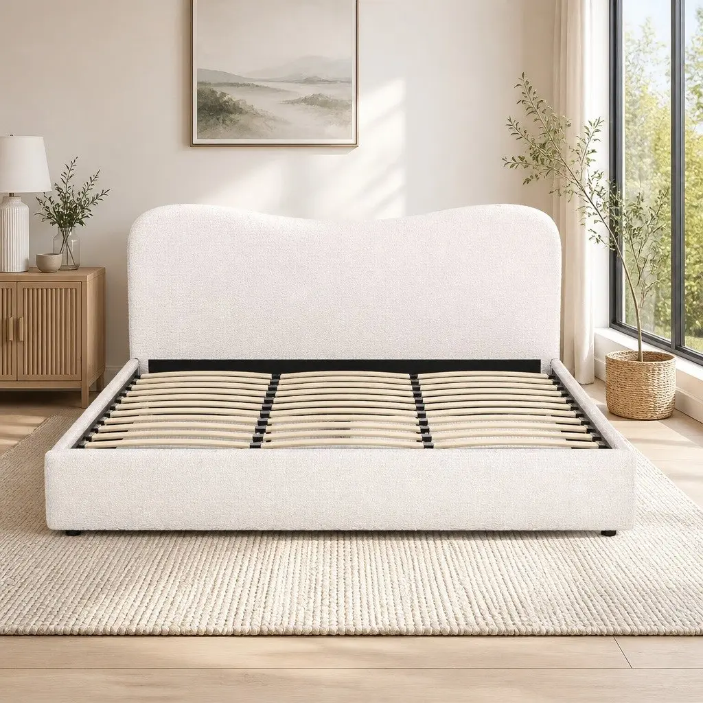 King Size Bed Frame with Boucle Upholstered Headboard