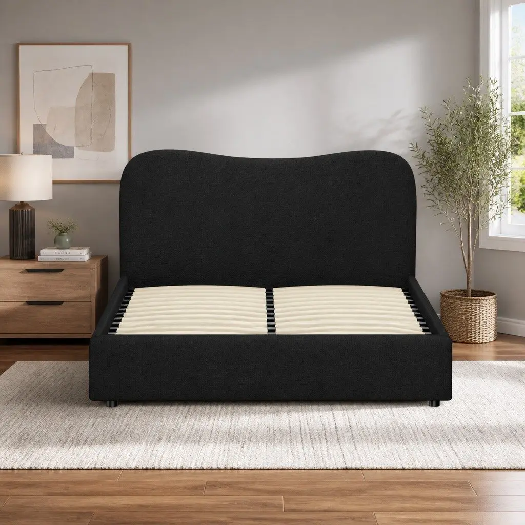 Queen Size Bed Frame Boucle Fabric Wooden Slat Support Padded Black