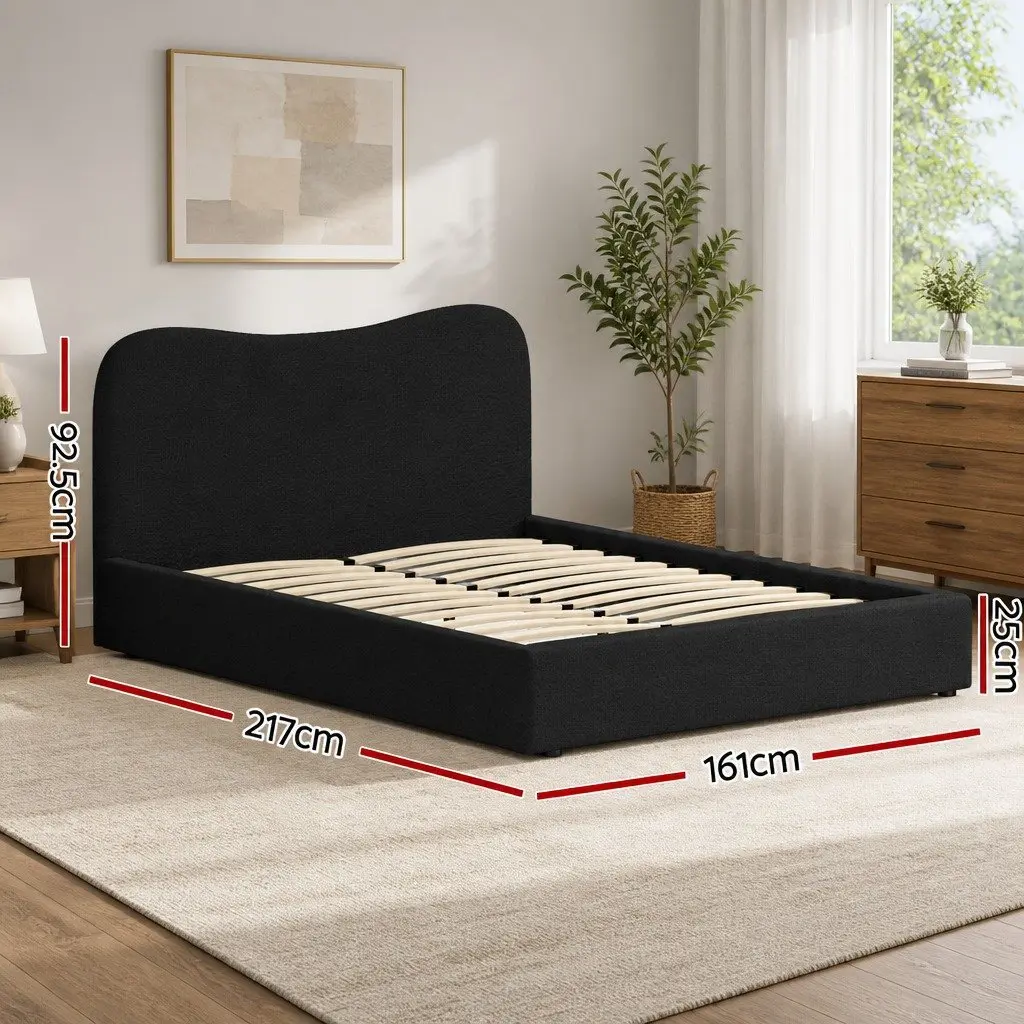 Queen Size Bed Frame Boucle Fabric Wooden Slat Support Padded Black
