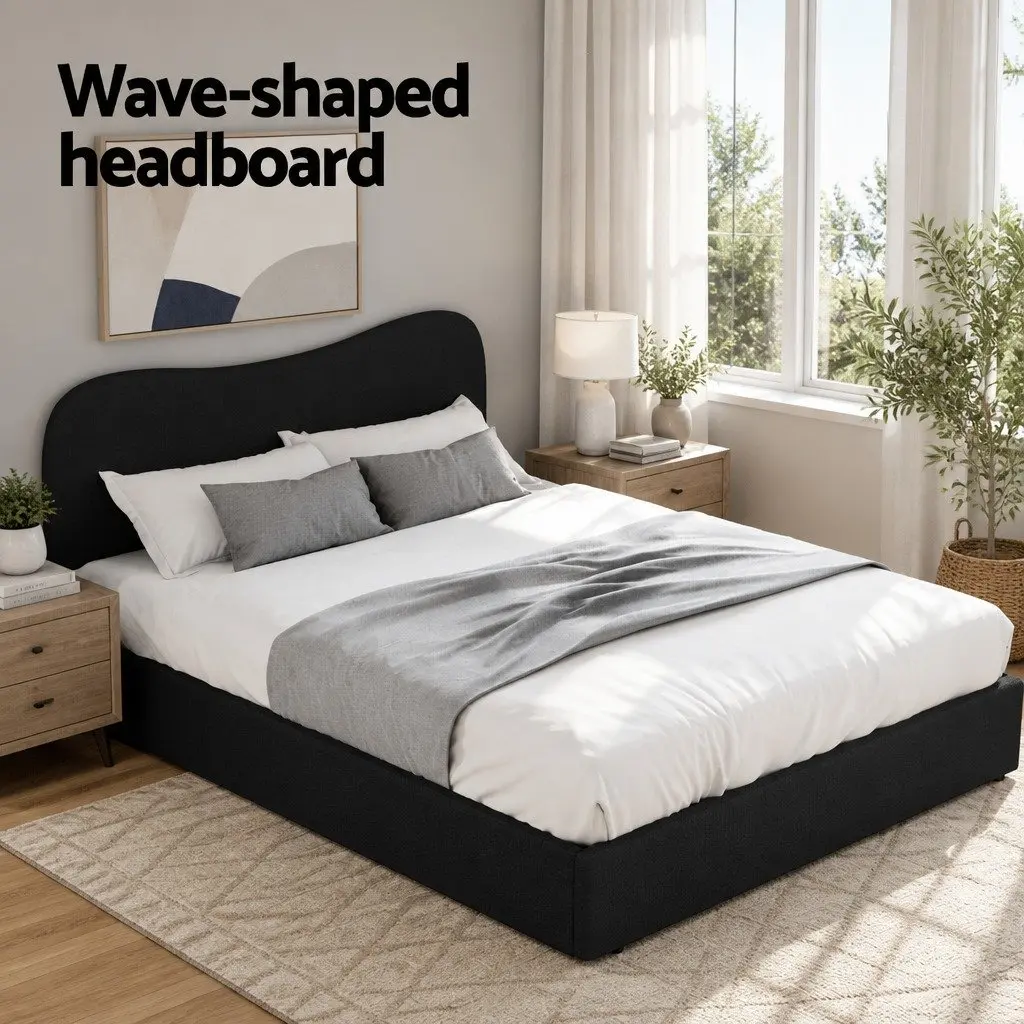 Queen Size Bed Frame Boucle Fabric Wooden Slat Support Padded Black