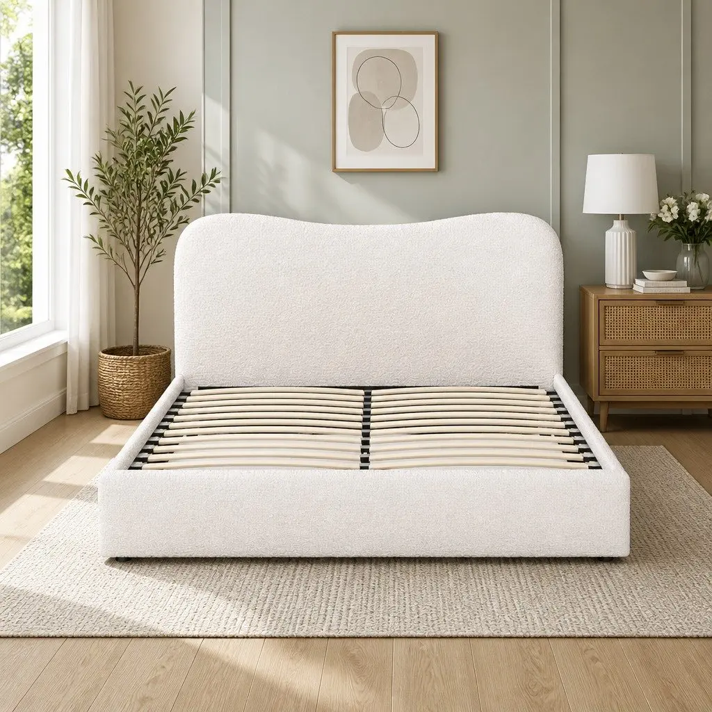 Queen Size Bed Frame with Boucle Upholstery