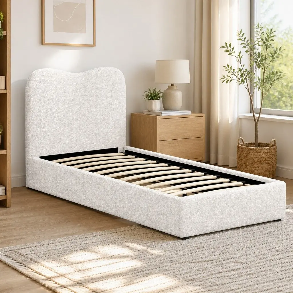 Kids Single Bed Frame with Padded Boucle Headboard