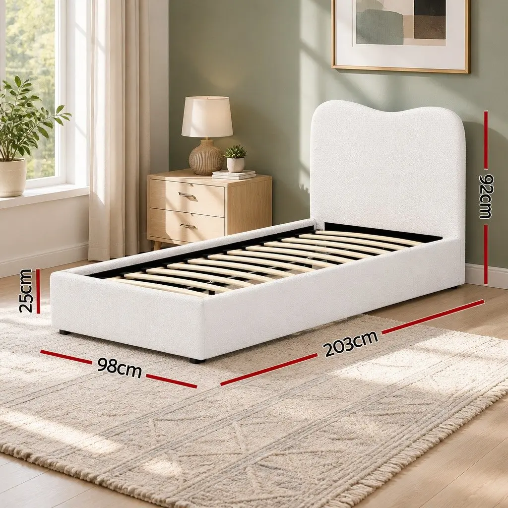 Kids Bed Frame Boucle Upholstered Single Beige Wooden Slat Support