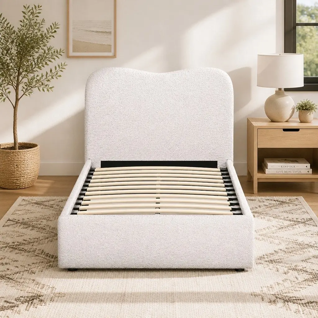 Kids Bed Frame Boucle Upholstered Single Beige Wooden Slat Support