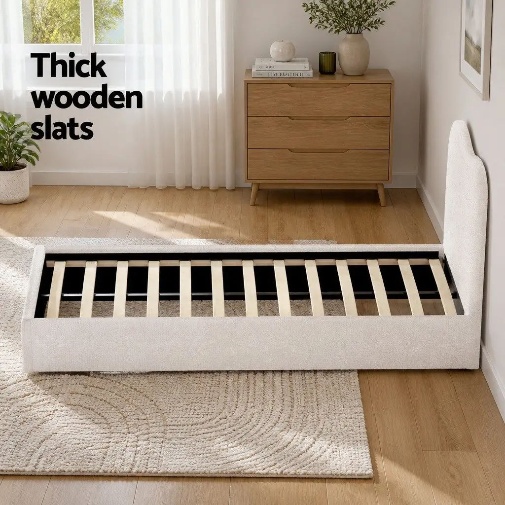 Kids Bed Frame Boucle Upholstered Single Beige Wooden Slat Support