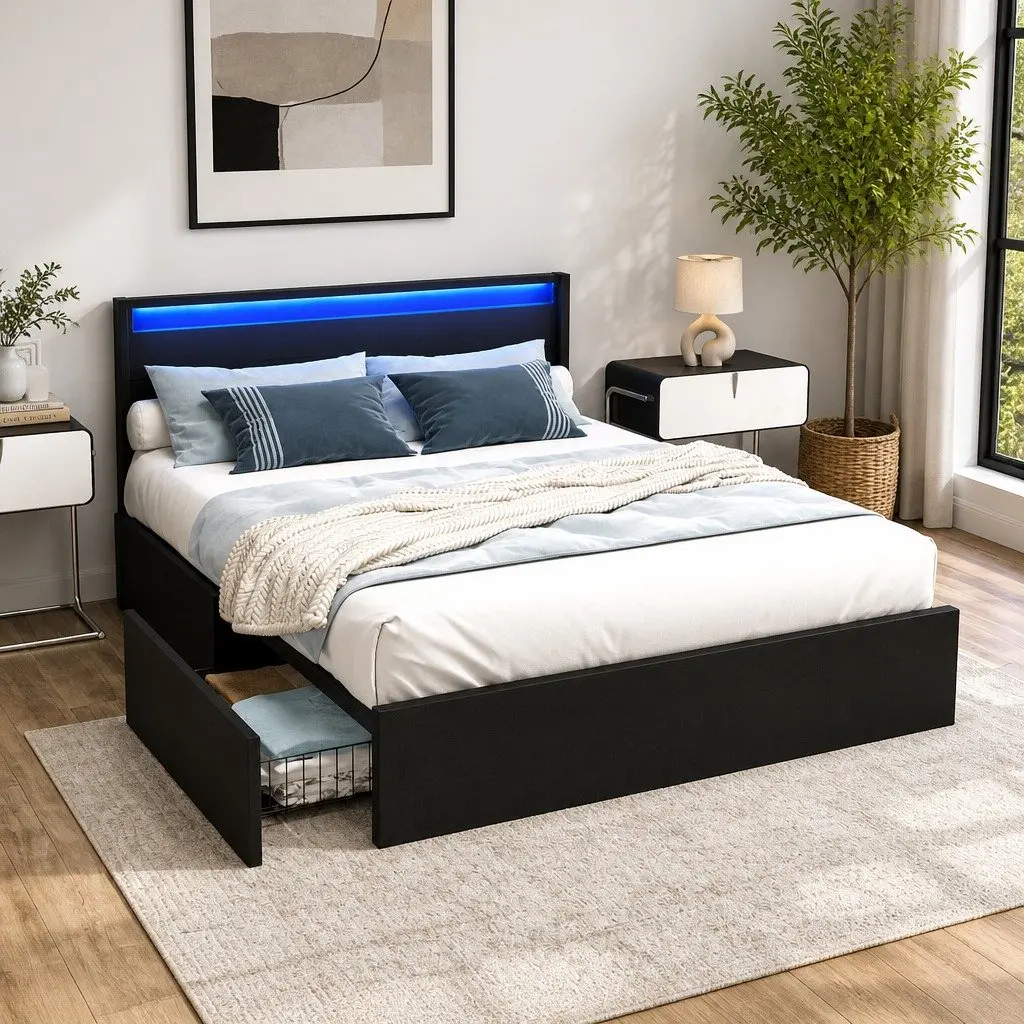 Queen Bed Frame with LED Lights and 4 Drawers